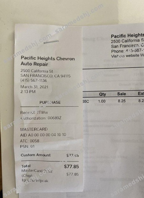 Pacific heights chevron auto repair payment receipt